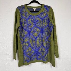 Logo Lori Goldstein Green Blue Crew Neck Sweater Womens M Tunic Casual Boho